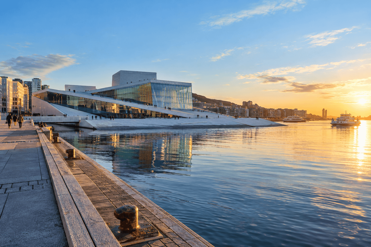 Photorealistic sunrise view of Oslo Opera House, harbour promenade and fjord