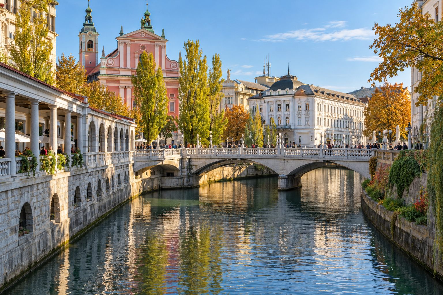 Plečnik’s Triple Bridge and Ljubljanica riverfront in autumn morning light