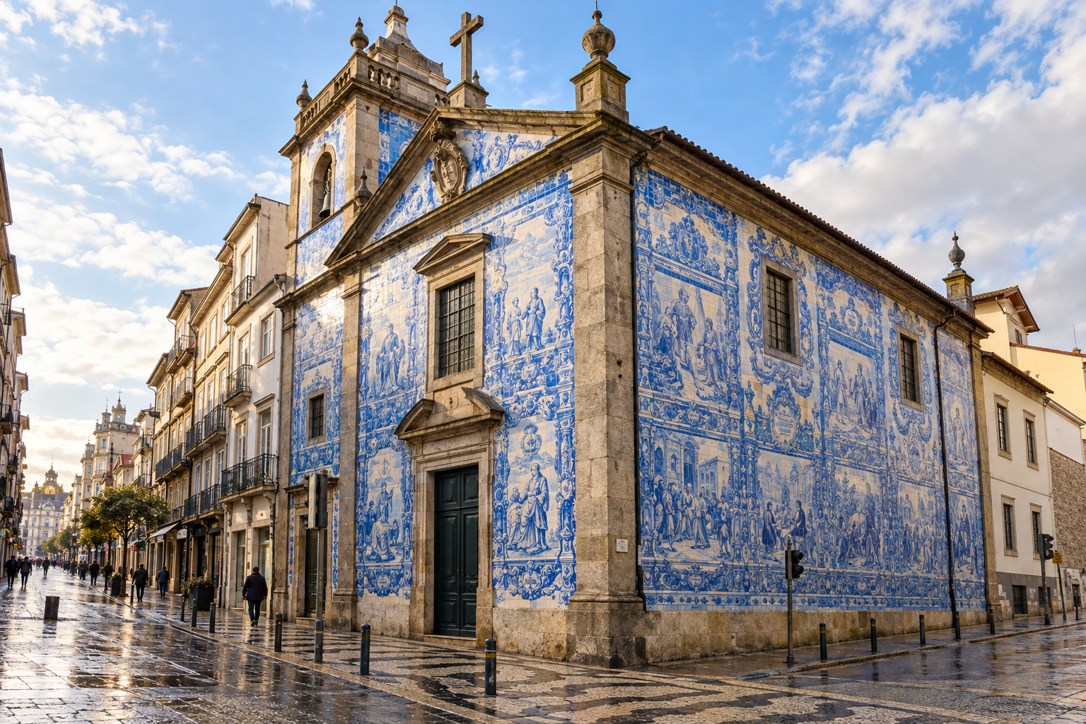 Capela das Almas in Porto on a bright morning, with blue-and-white azulejo façades and wet stone pavement