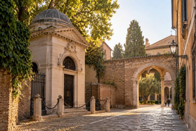 Tomba di Dante e tranquillo cortile in mattoni nella Zona del Silenzio di Ravenna alla luce calda del mattino
