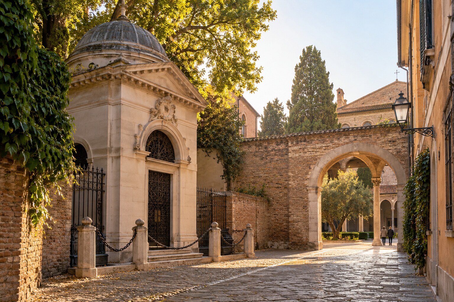 Tomba di Dante e tranquillo cortile in mattoni nella Zona del Silenzio di Ravenna alla luce calda del mattino