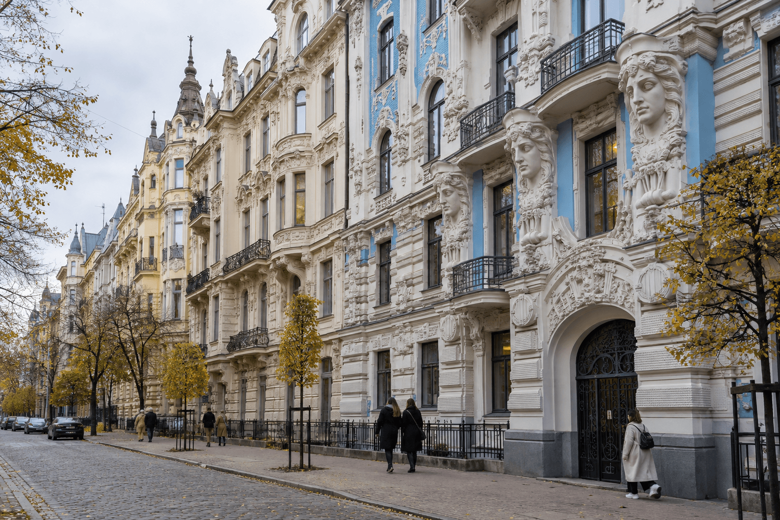 Photorealistic view of ornate Art Nouveau façades and autumn trees on Alberta Street in Riga