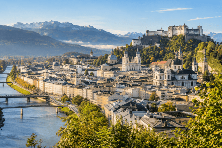 Photorealistic panoramic view of Salzburg old town, the Salzach River and Hohensalzburg Fortress from Mönchsberg