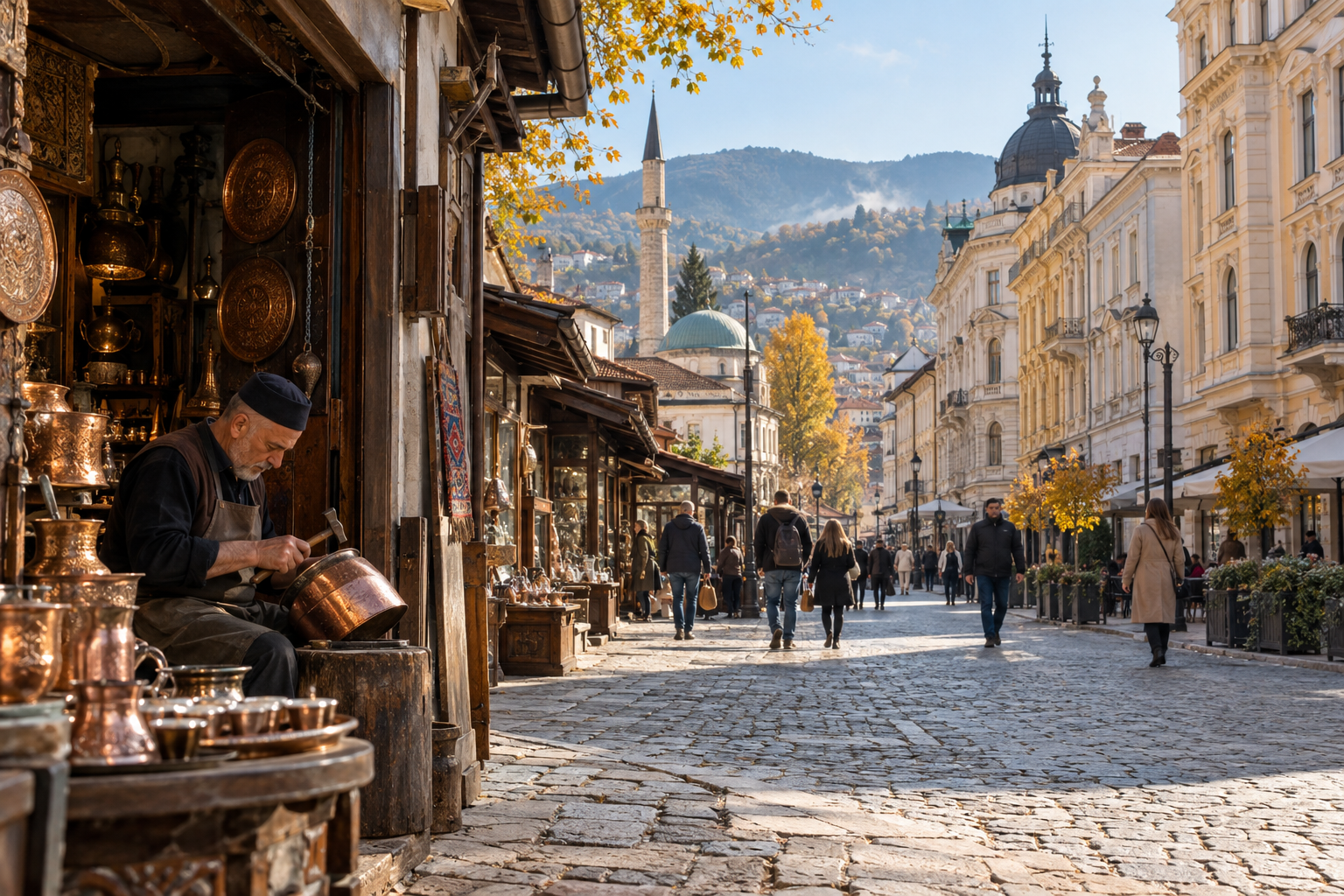 Sarajevo coppersmith workshop on a cobbled lane where Ottoman shops meet Austro-Hungarian architecture