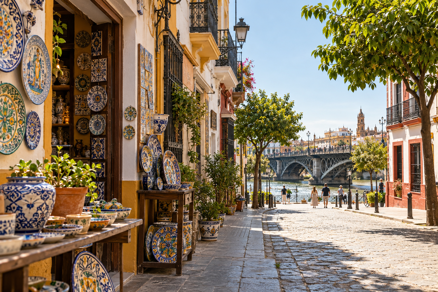 Triana ceramic workshop street in Seville leading toward the Isabel II Bridge and Guadalquivir River