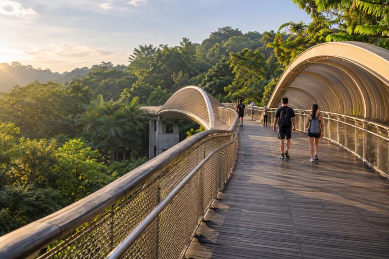Hikers crossing the wave-shaped Henderson Waves bridge in Singapore’s tropical Southern Ridges