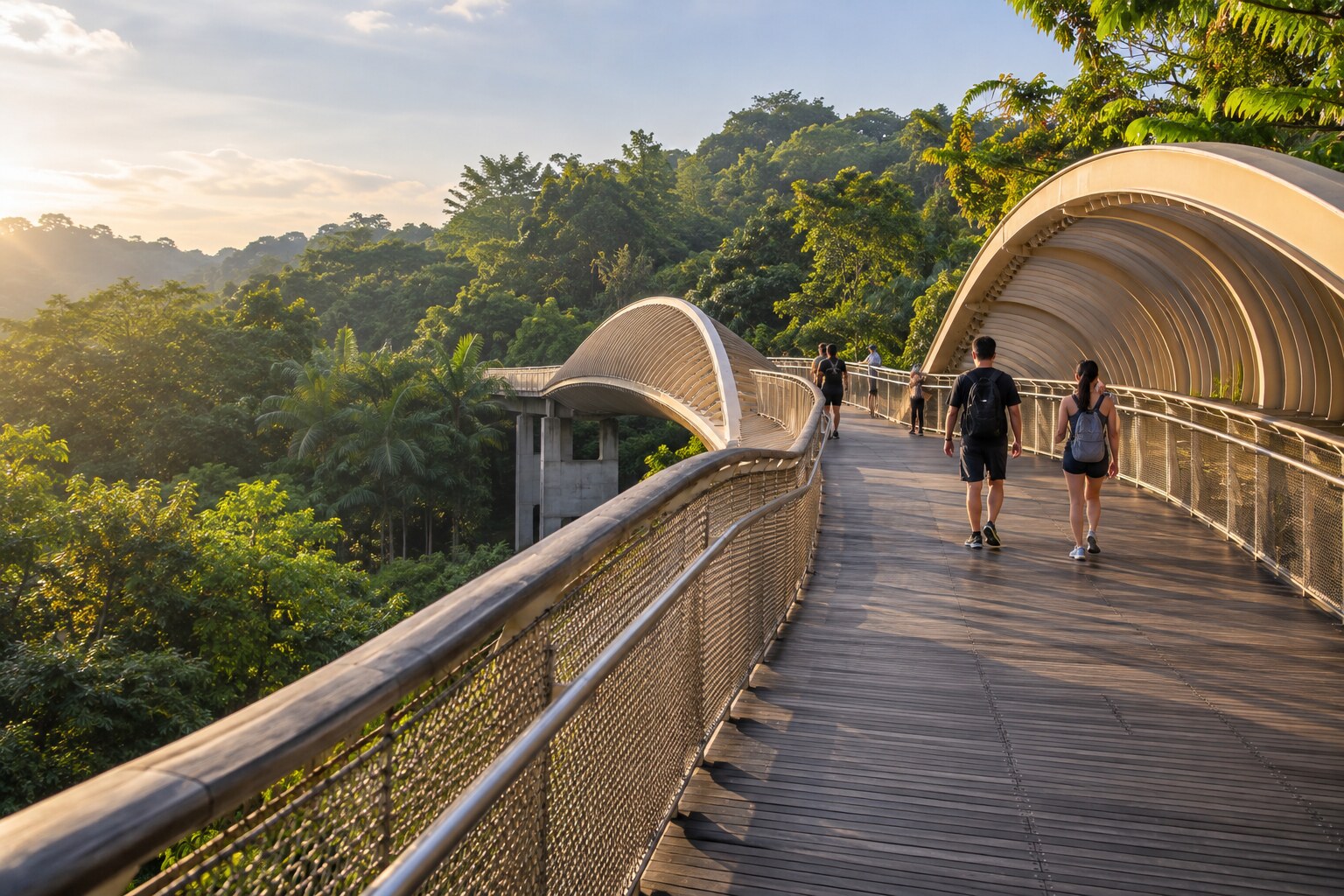 Hikers crossing the wave-shaped Henderson Waves bridge in Singapore’s tropical Southern Ridges