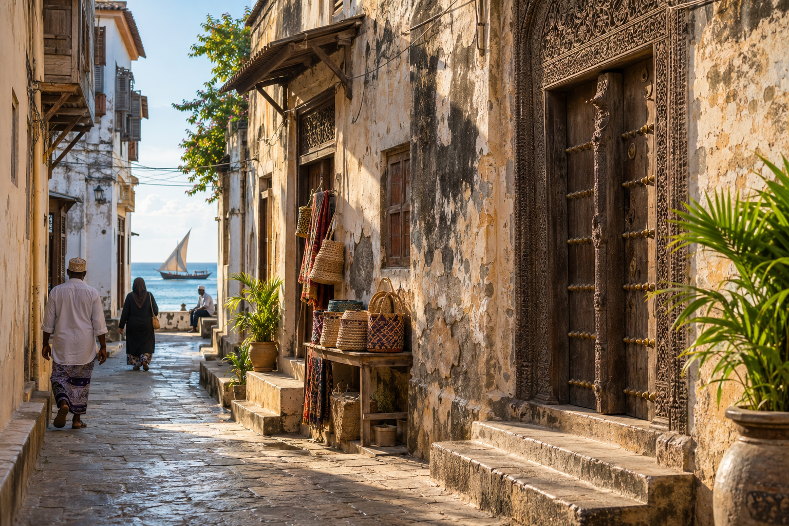 Carved wooden Zanzibar door and coral-stone lane opening toward the Indian Ocean in Stone Town