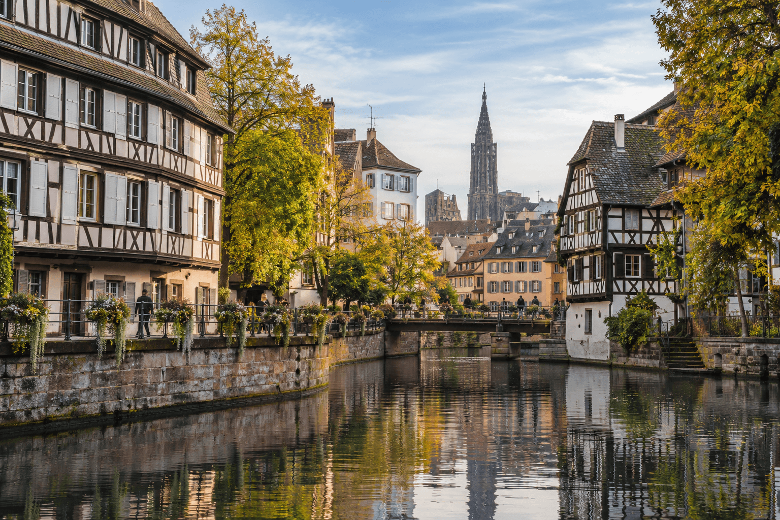 Photorealistic autumn view of Petite France in Strasbourg with half-timbered houses, the River Ill and the cathedral spire