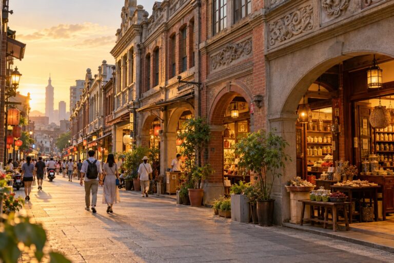 Historic shophouses and pedestrians on Dihua Street in Taipei’s Dadaocheng district at golden hour