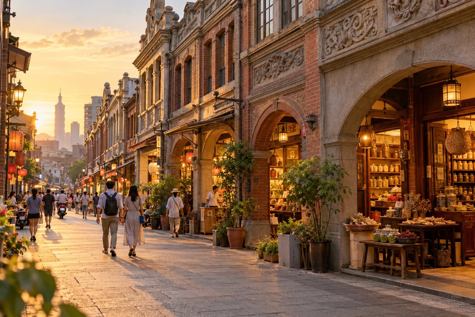 Historic shophouses and pedestrians on Dihua Street in Taipei’s Dadaocheng district at golden hour