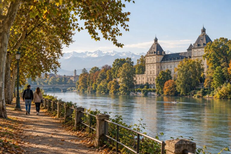 Walkers beside the Po with Valentino Castle and autumn trees in Turin