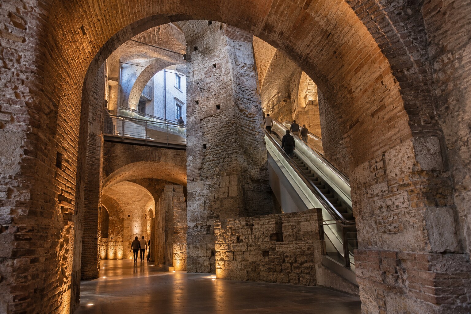 Scale mobili pubbliche tra le volte medievali in mattoni e pietra della Rocca Paolina sotterranea a Perugia
