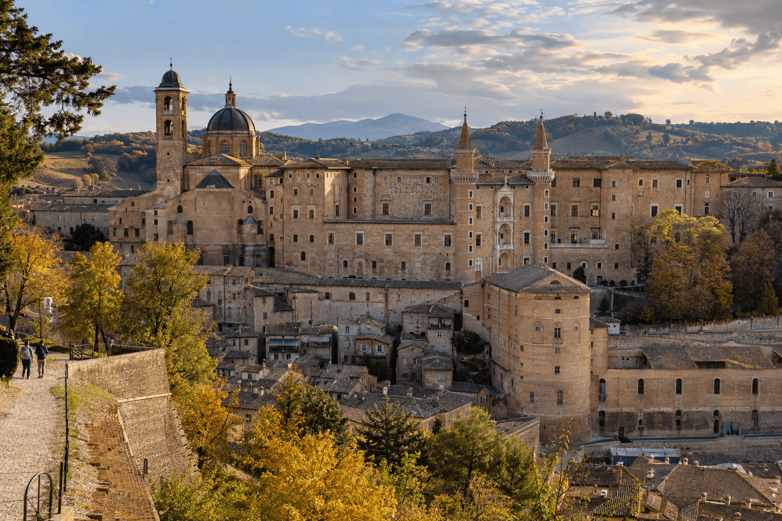 Photorealistic view of Palazzo Ducale and Urbino’s terracotta roofs across the Marche hills