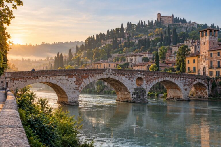 Ponte Pietra over the Adige with Castel San Pietro hill at sunrise in Verona
