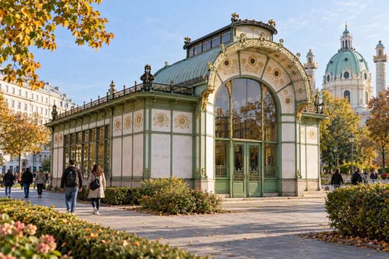 Otto Wagner Stadtbahn pavilion at Karlsplatz in Vienna in autumn light